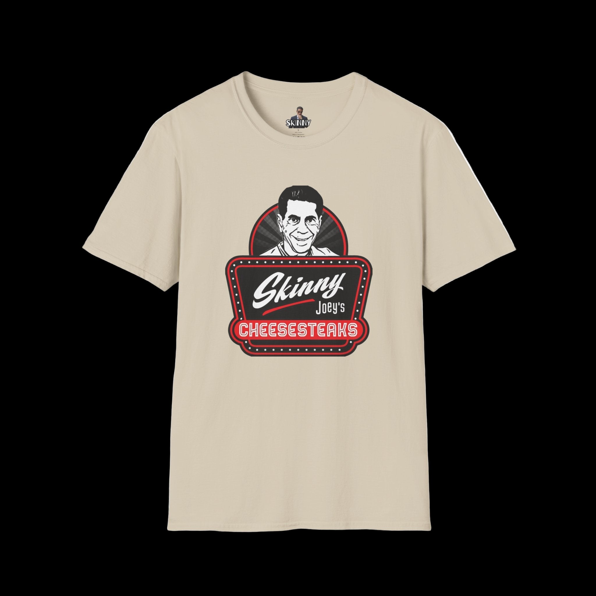 Beige t-shirt with 'Skinny Joey's Cheesesteaks' graphic on a white background