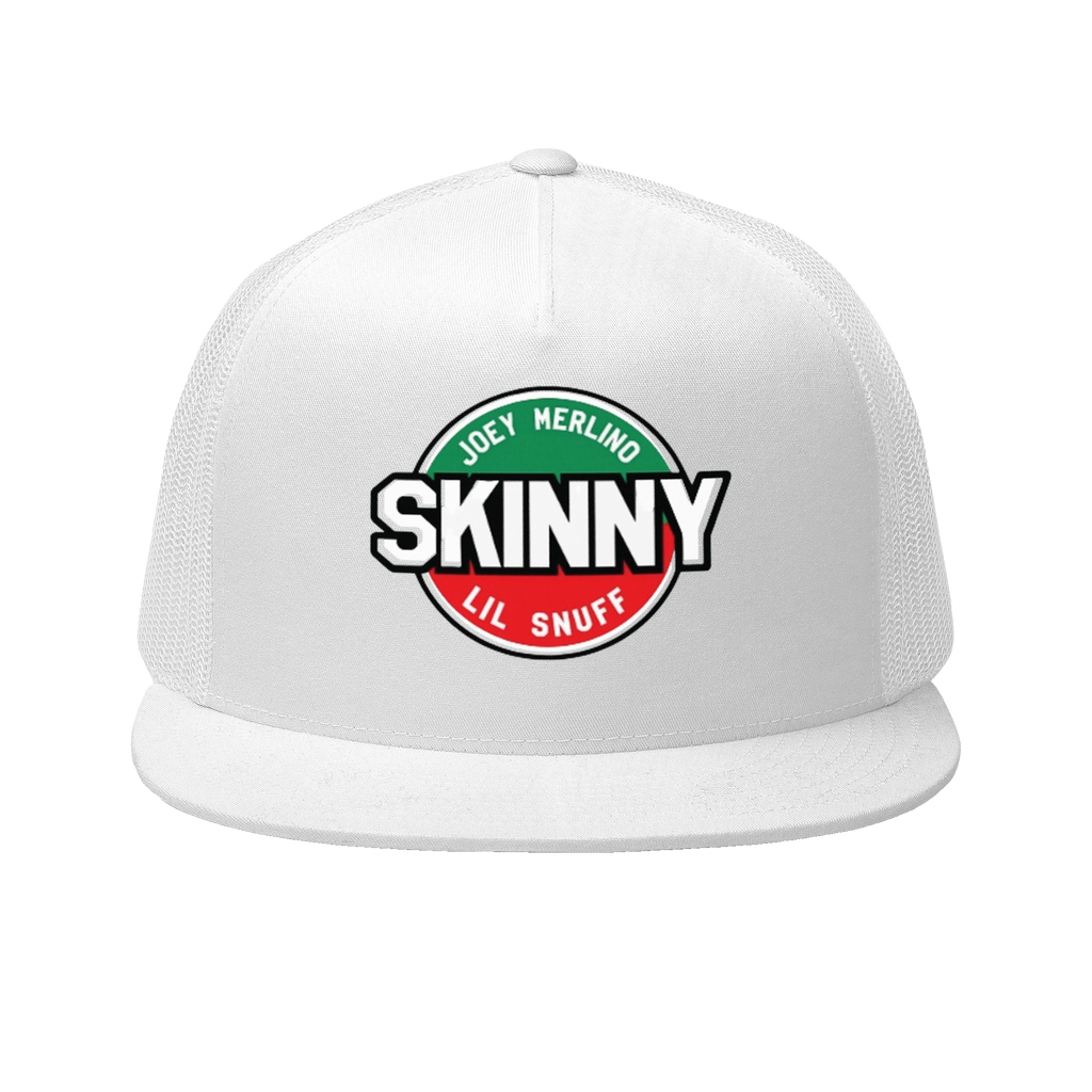 Skinny retro patch 5-panel trucker cap in white, Skinny Joey's Cheesesteaks apparel