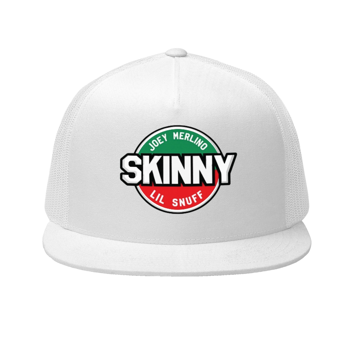 Skinny retro patch 5-panel trucker cap in white, Skinny Joey's Cheesesteaks apparel