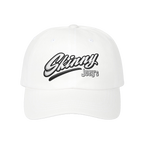 Skinny Joey's retro script dad cap in white, The Skinny with Joey Merlino podcast merch
