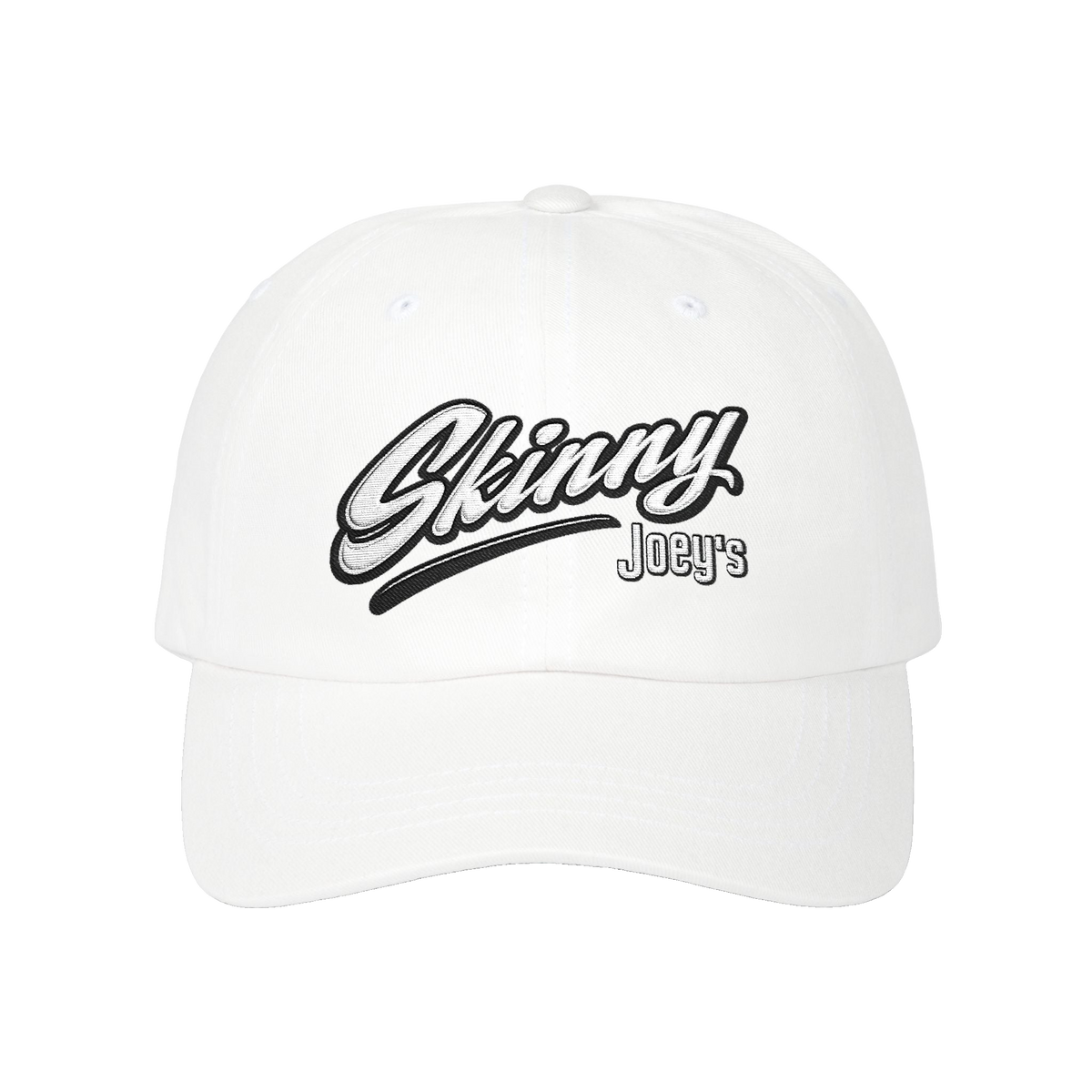 Skinny Joey's retro script dad cap in white, The Skinny with Joey Merlino podcast merch