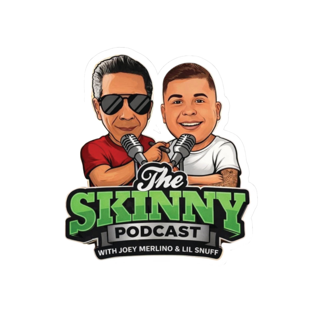 The Skinny Podcast logo kiss-cut sticker, 2x2 in, Skinny Joey's Cheesesteaks apparel