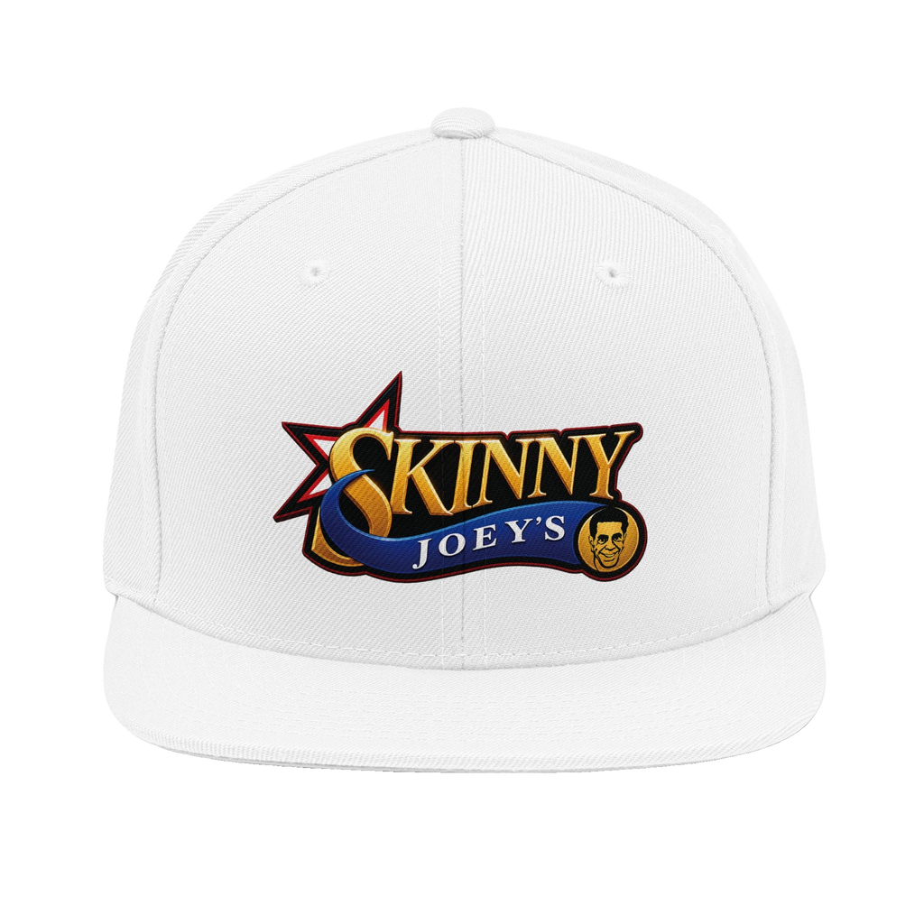 Skinny Joey's retro logo snapback cap in white, The Skinny with Joey Merlino podcast merch
