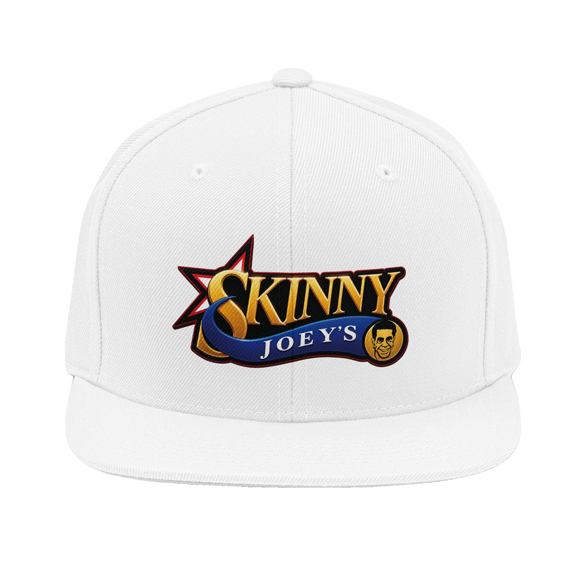 Skinny Joey's retro logo snapback cap in white, The Skinny with Joey Merlino podcast merch