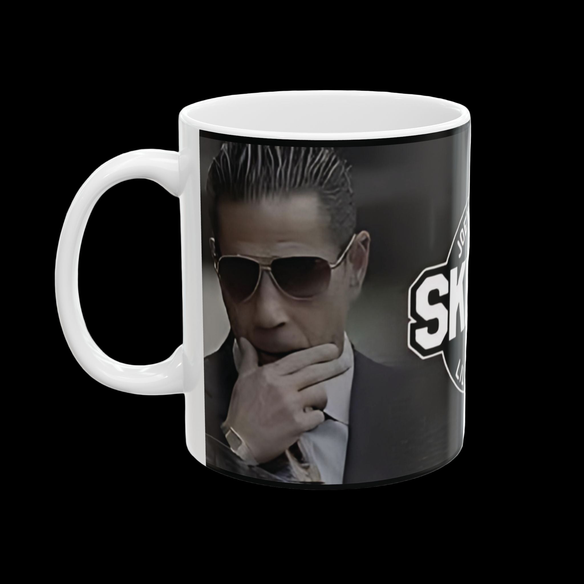 Mug with a graphic of a person in a suit and sunglasses, featuring the word 'SKY'.