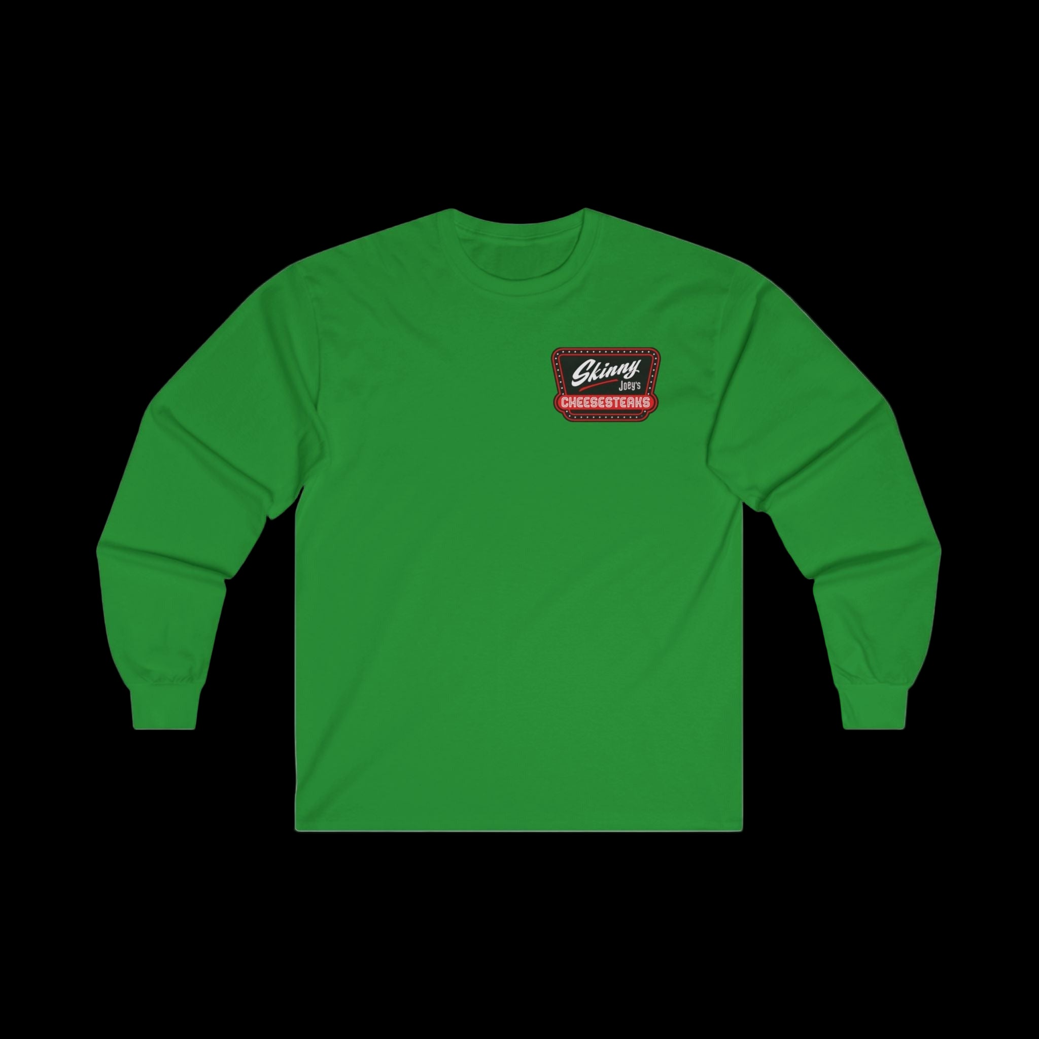Green unisex long sleeve tee with Skinny Joey's Cheesesteaks × We Can Go Anywhere logo on the front chest