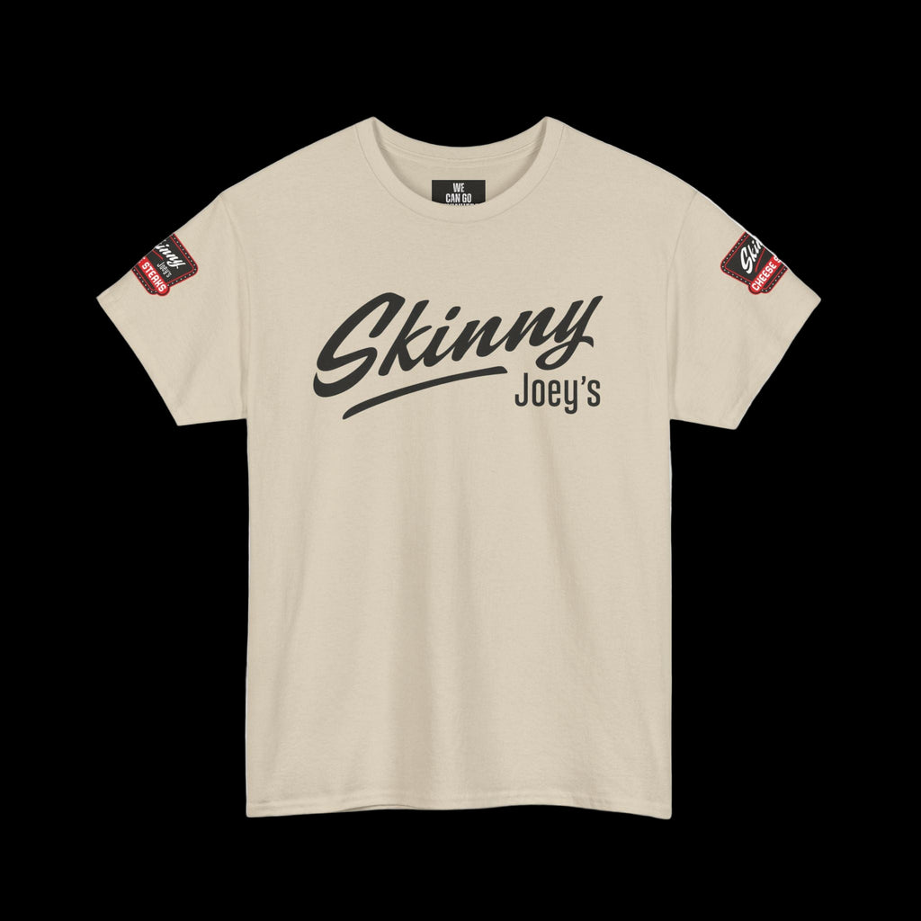 Beige t-shirt with 'Skinny Joey's' text on a white background