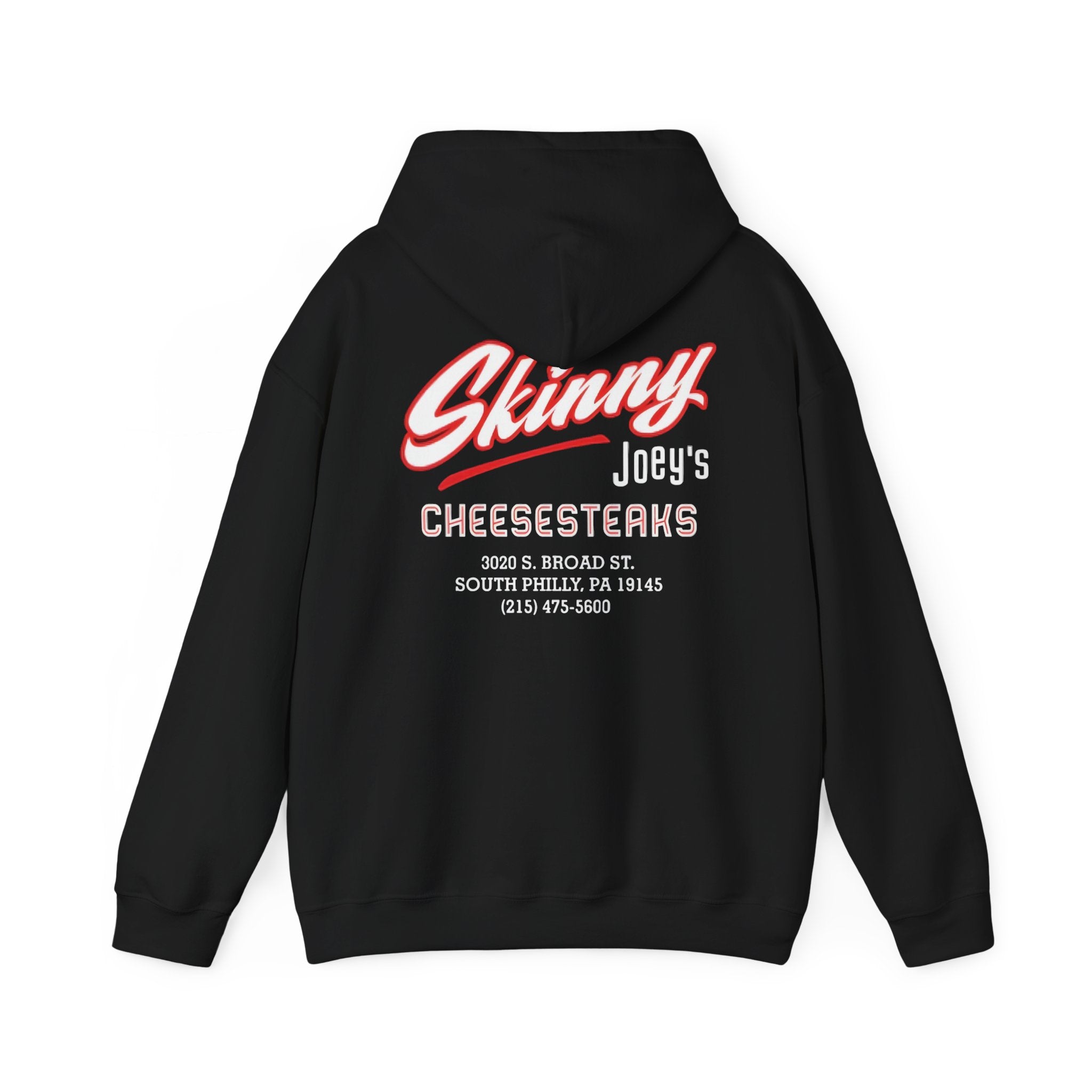 Black hoodie with 'Skinny Joey's Cheesesteaks' text on the back against a white background