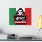 Poster of 'Skinny Joey's Cheesesteaks' on a wall above a desk with books and a lamp.