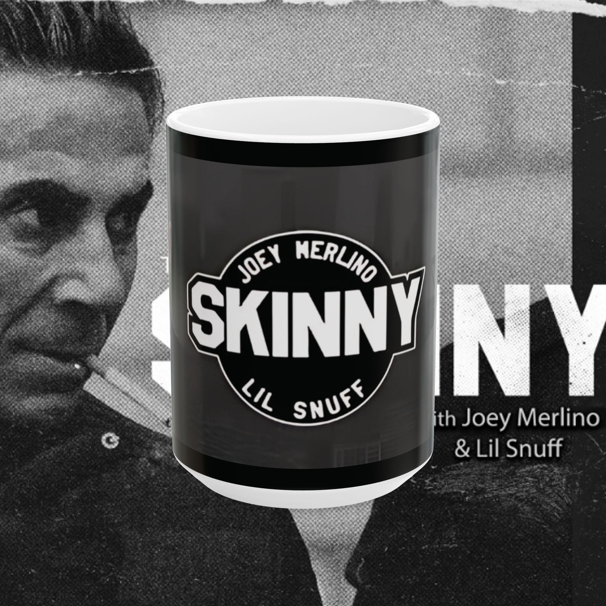 Black mug with 'Joey Merlino Skinny Lil Snuff' text against a black and white background