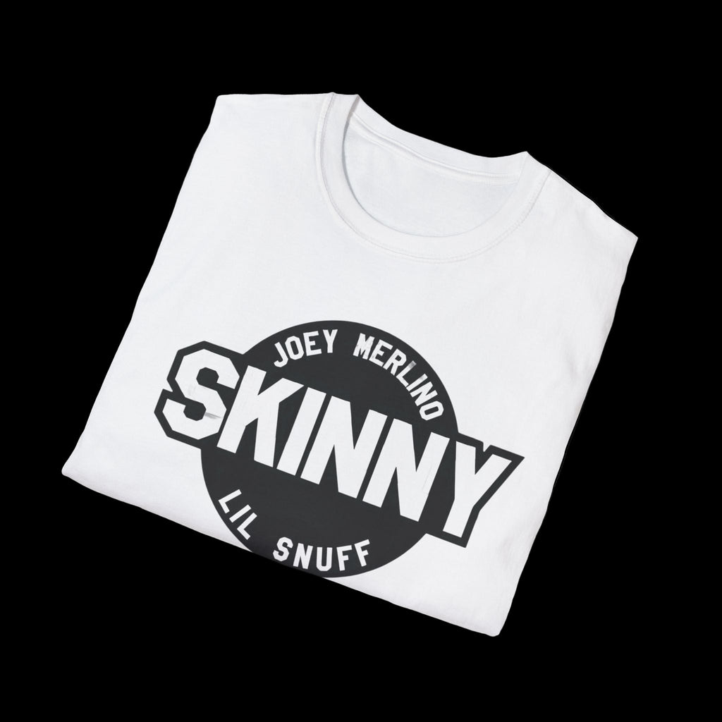 White t-shirt with black graphic design on a white background