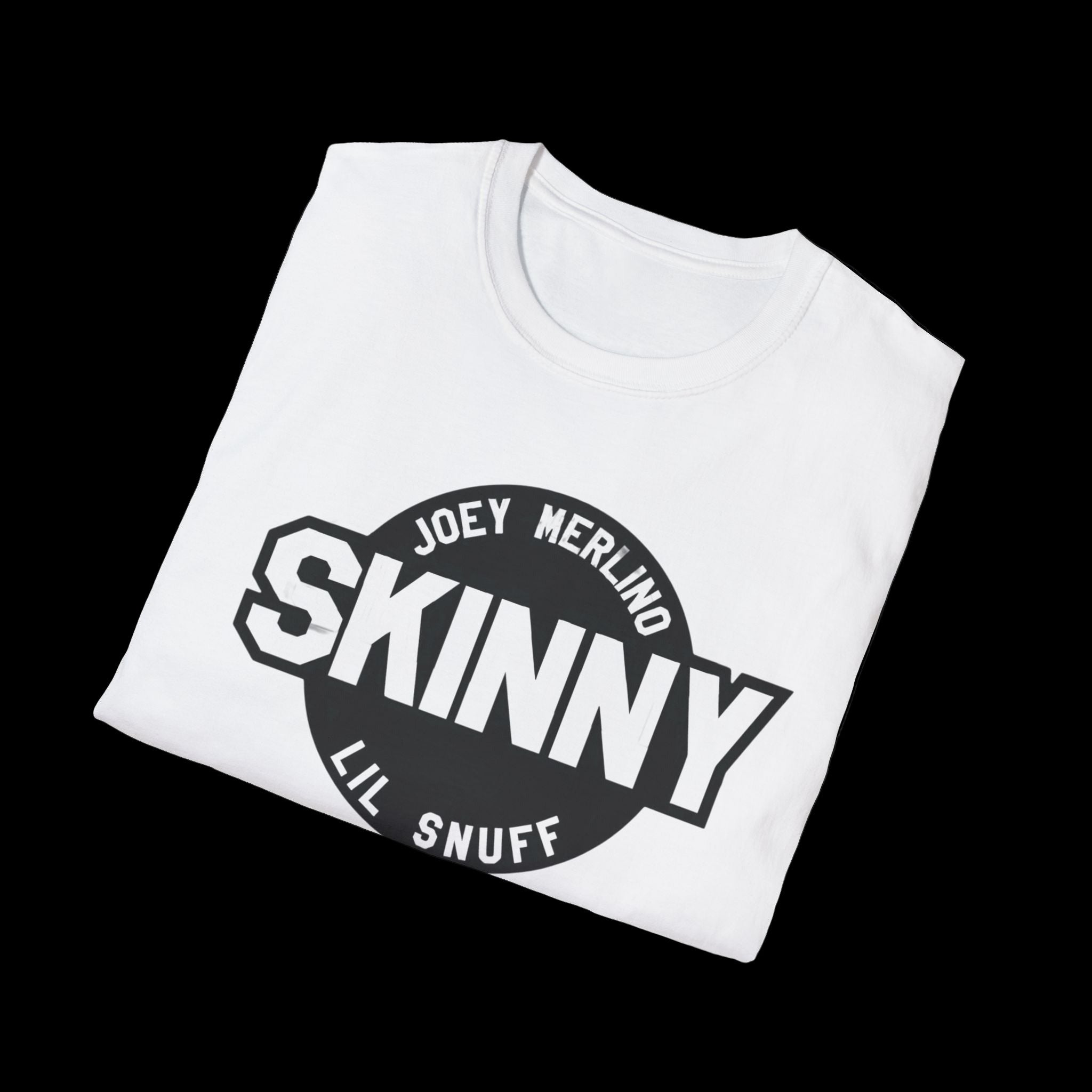 White t-shirt with black graphic design on a white background