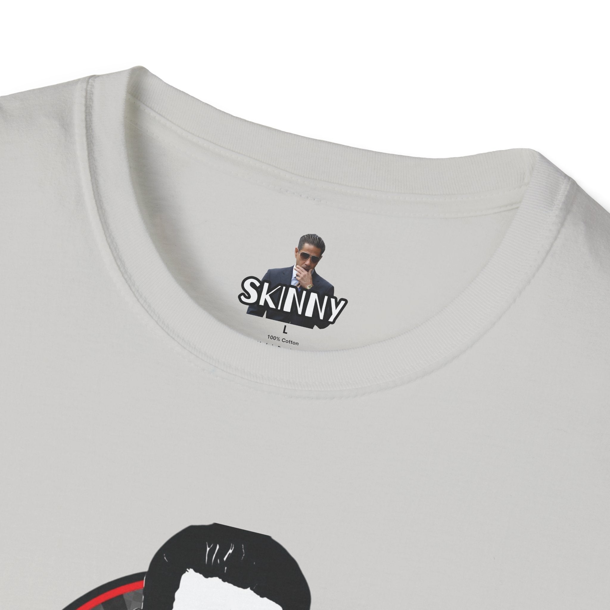 White t-shirt with a graphic design and 'SKINNY' label on a white background
