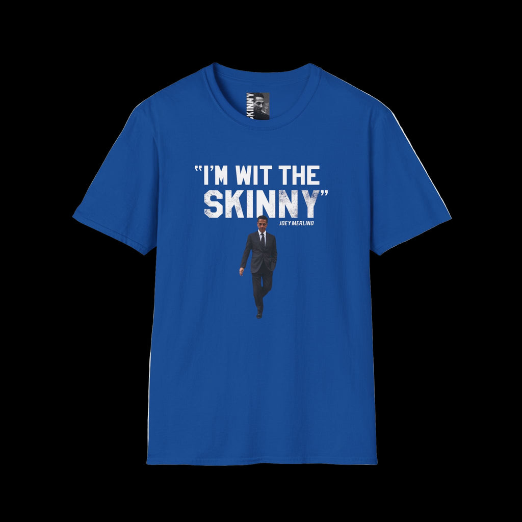 Blue t-shirt with 'I'm wit the skinny' text and graphic on a white background