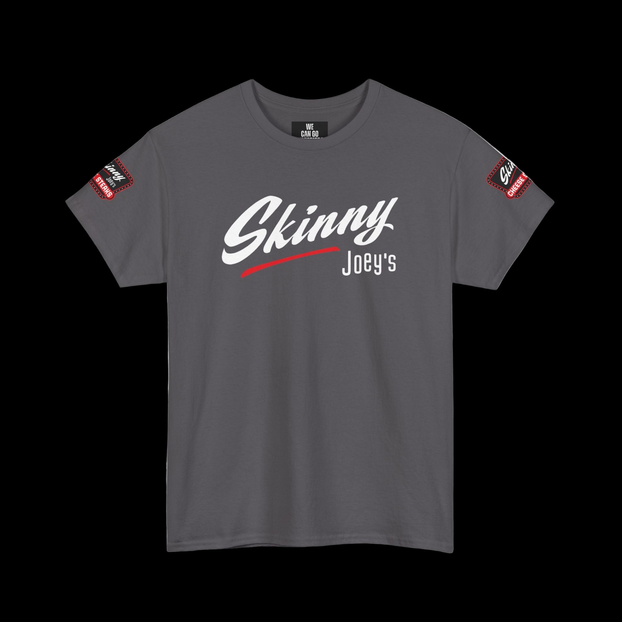 Gray t-shirt with 'Skinny Joey's' text on a white background