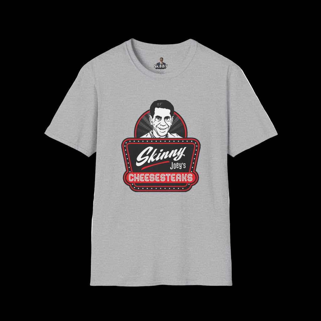 Gray t-shirt with 'Skinny Joey's Cheesesteaks' graphic on a white background