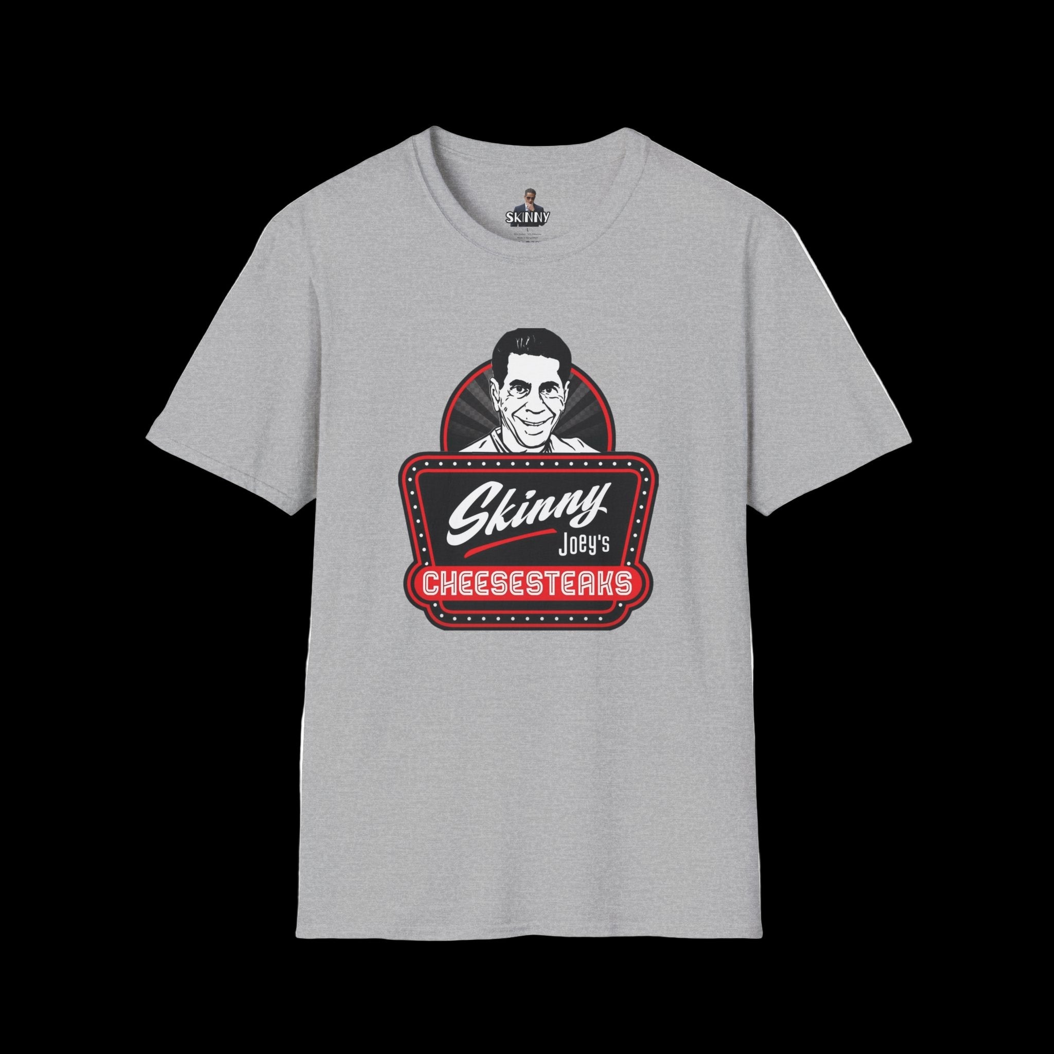 Gray t-shirt with 'Skinny Joey's Cheesesteaks' graphic on a white background