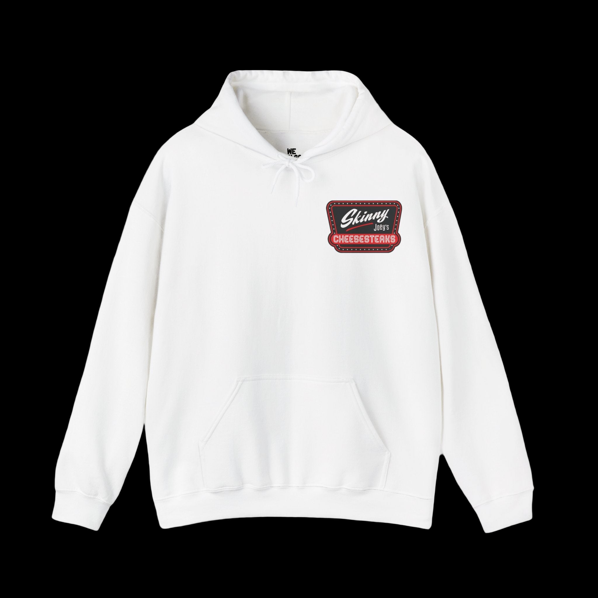 White hoodie with a red and black logo on a white background