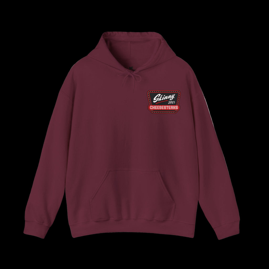 Maroon hoodie with a logo on the chest against a white background