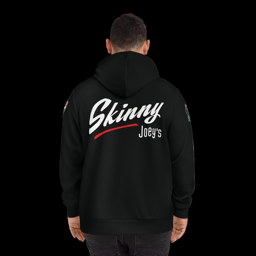 Person wearing a black hoodie with 'Skinny Joey's' text on the back against a white background