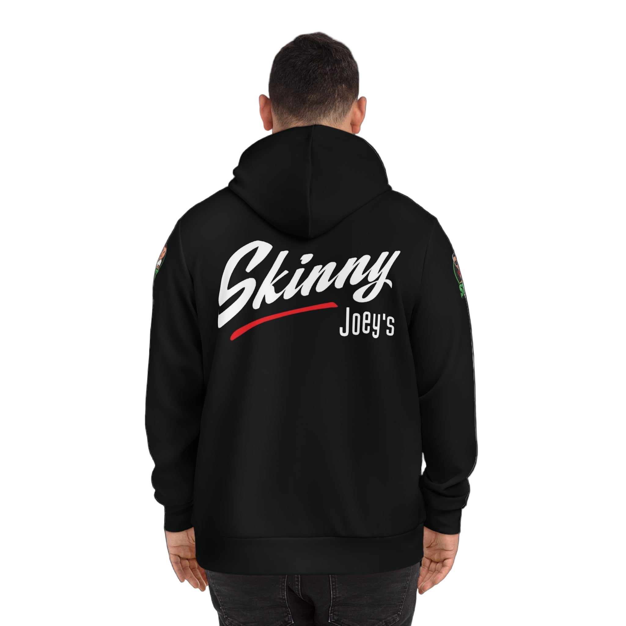 Person wearing a black hoodie with 'Skinny Joey's' text on the back against a white background