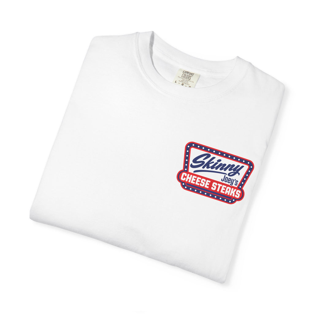 Skinny Joey's Cheesesteaks USA heavyweight tee in white, folded, Philadelphia