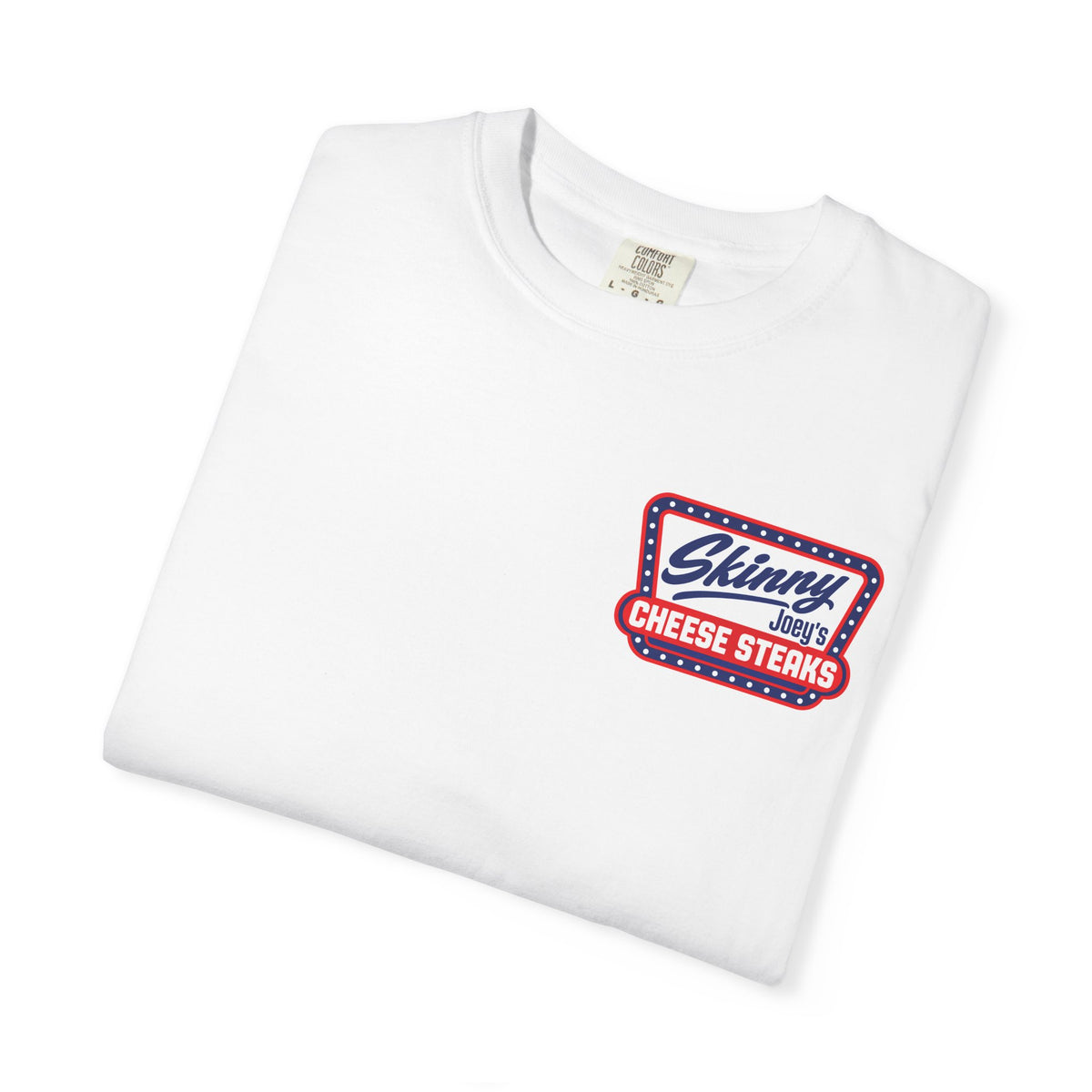 Skinny Joey's Cheesesteaks USA heavyweight tee in white, folded, Philadelphia