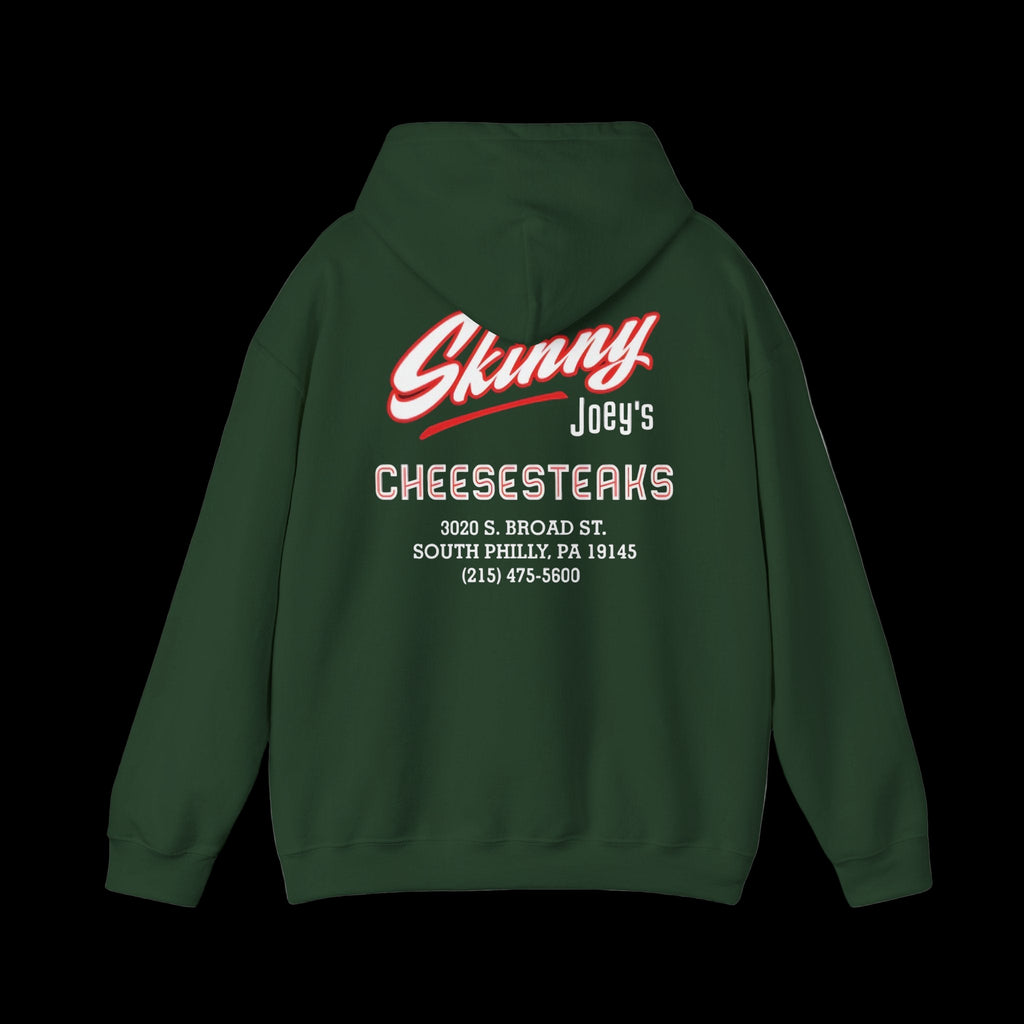 Green hoodie with 'Skinny Joey's Cheesesteaks' text on the back against a white background