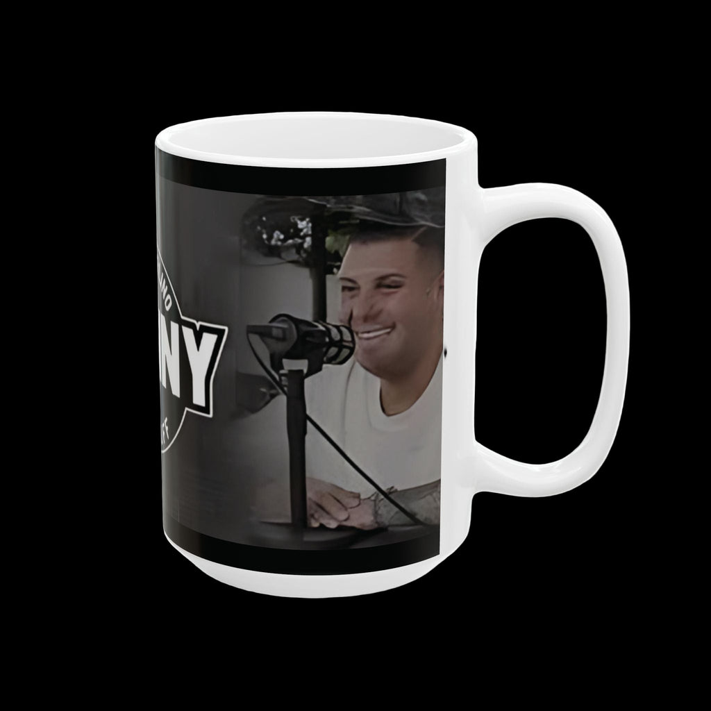 Mug with a person smiling and a microphone on a black background, featuring the text 'Radio City'.