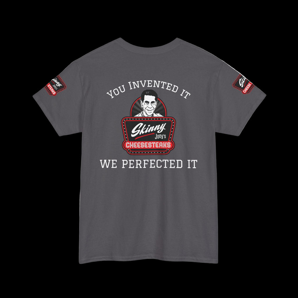 Gray t-shirt with a graphic design and text on a white background