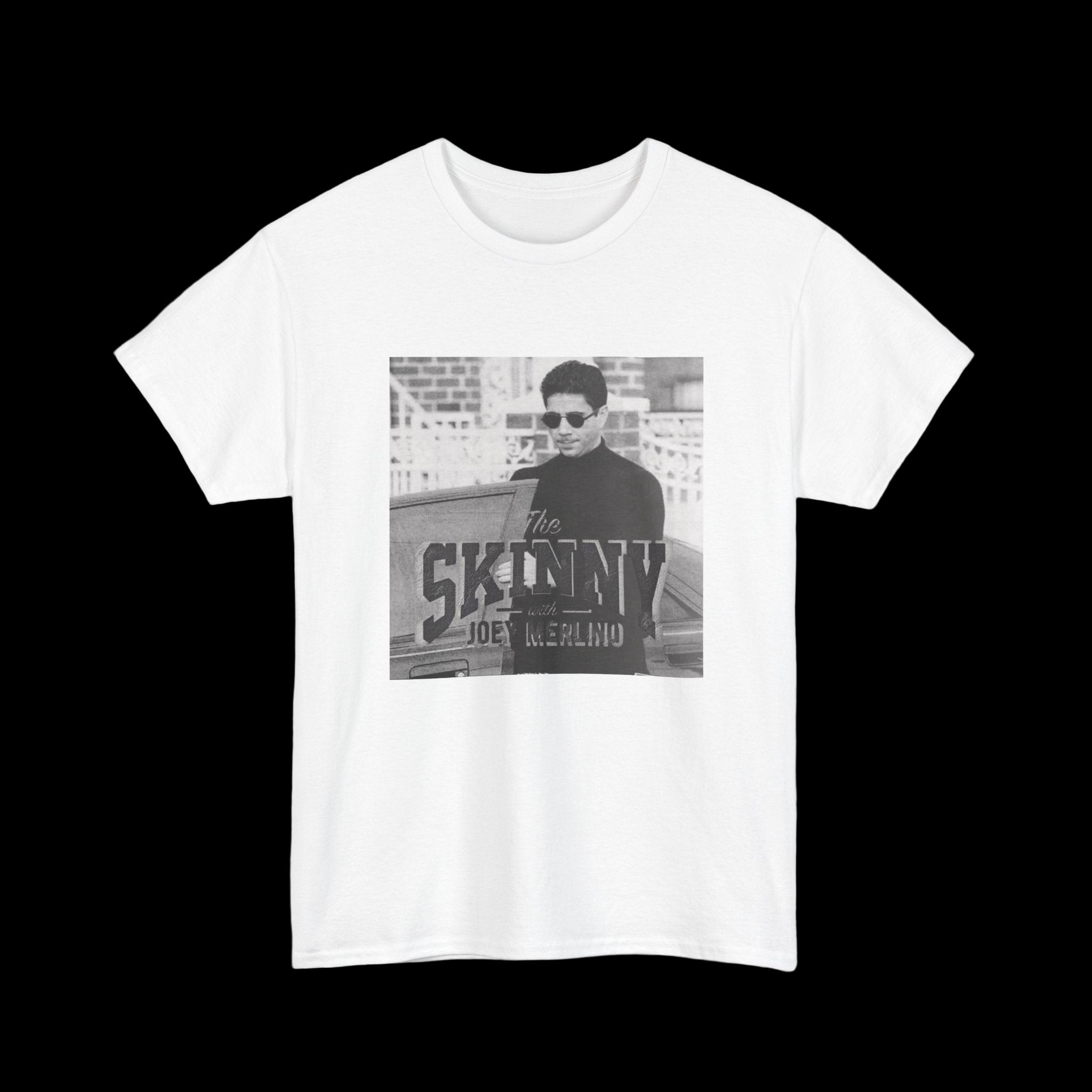 White t-shirt with a graphic of a person and text on a white background