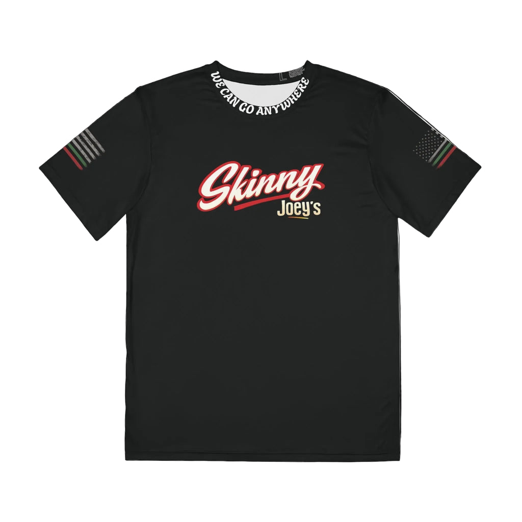 Black t-shirt with red and white text on a white background
