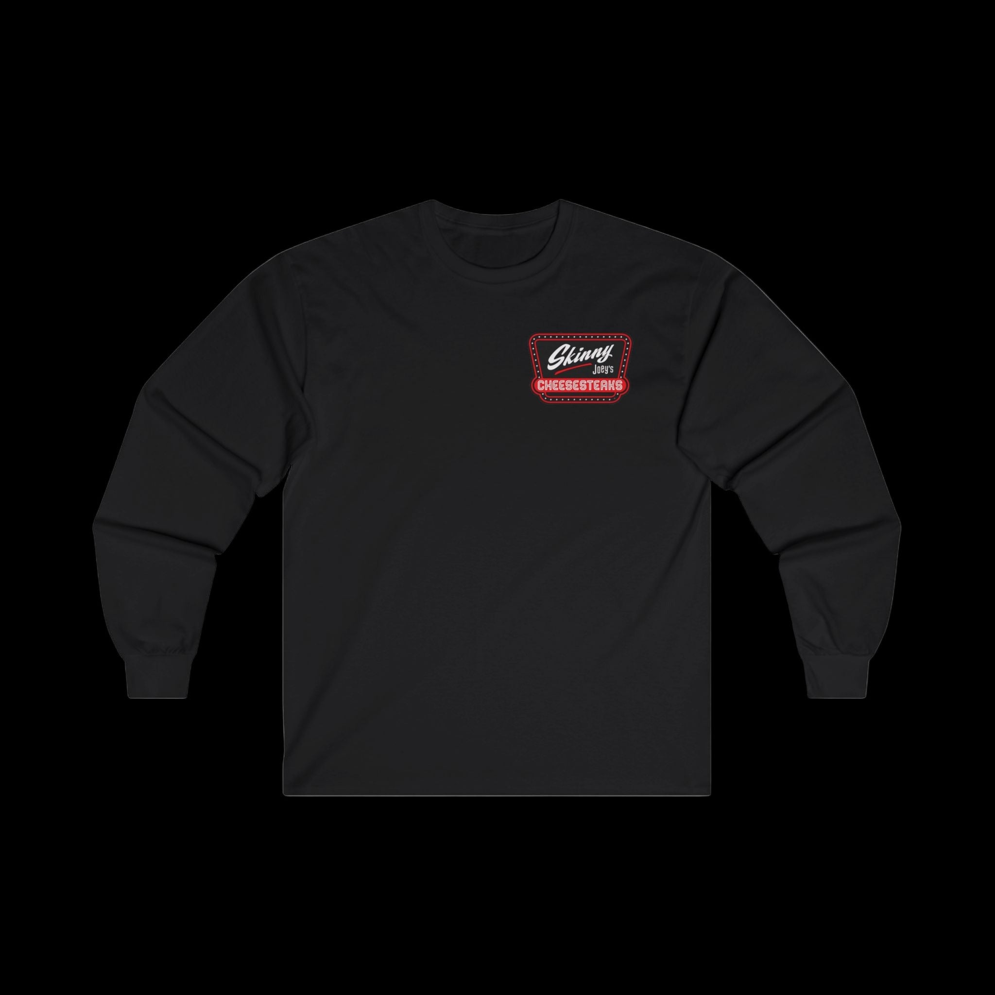 Skinny Joey’s Cheesesteaks × We Can Go Anywhere unisex long sleeve tee with red logo on chest.