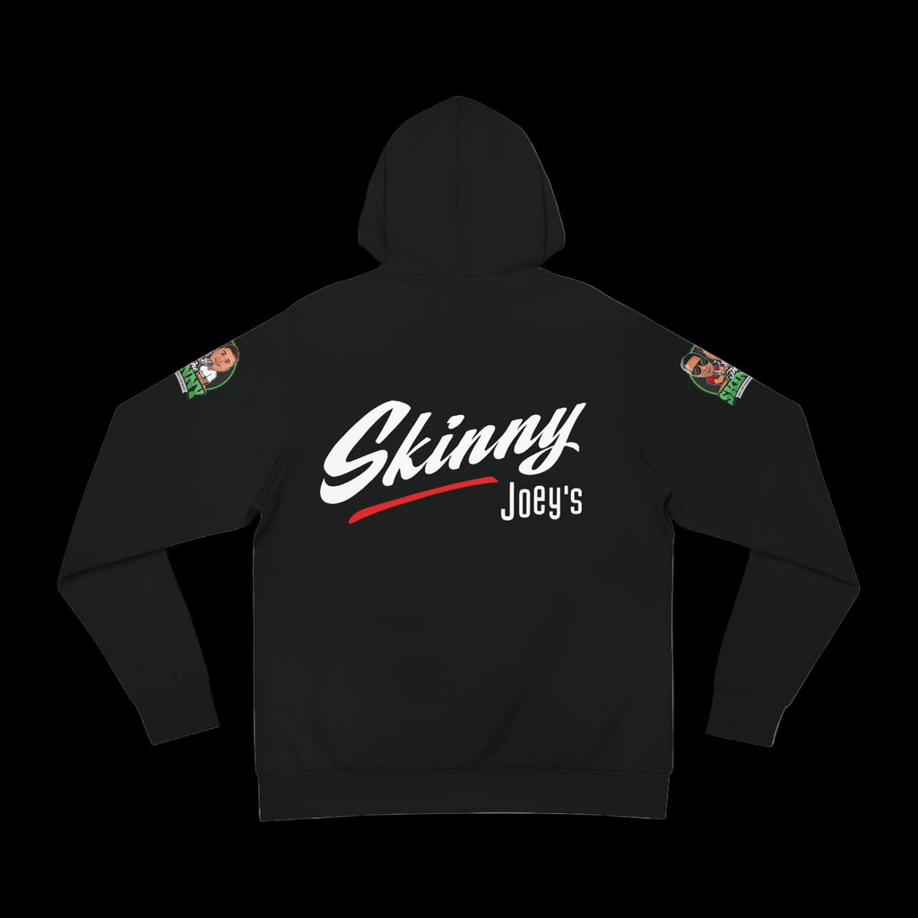 Man wearing a black hoodie with 'Skinny Joey's' logo on a white background