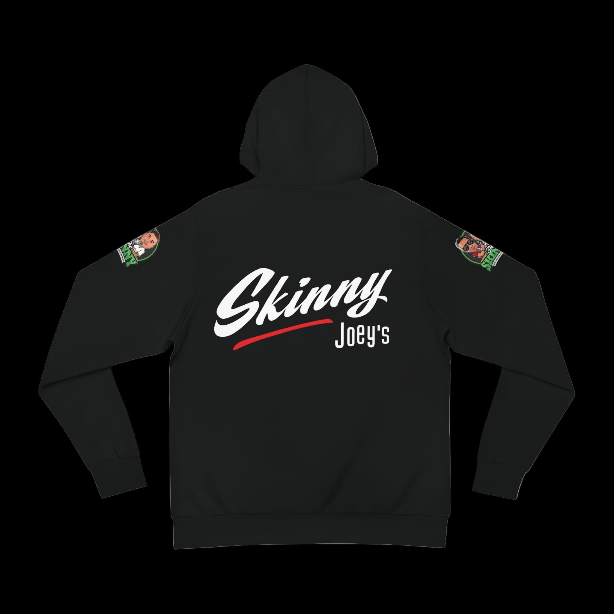 Man wearing a black hoodie with 'Skinny Joey's' logo on a white background