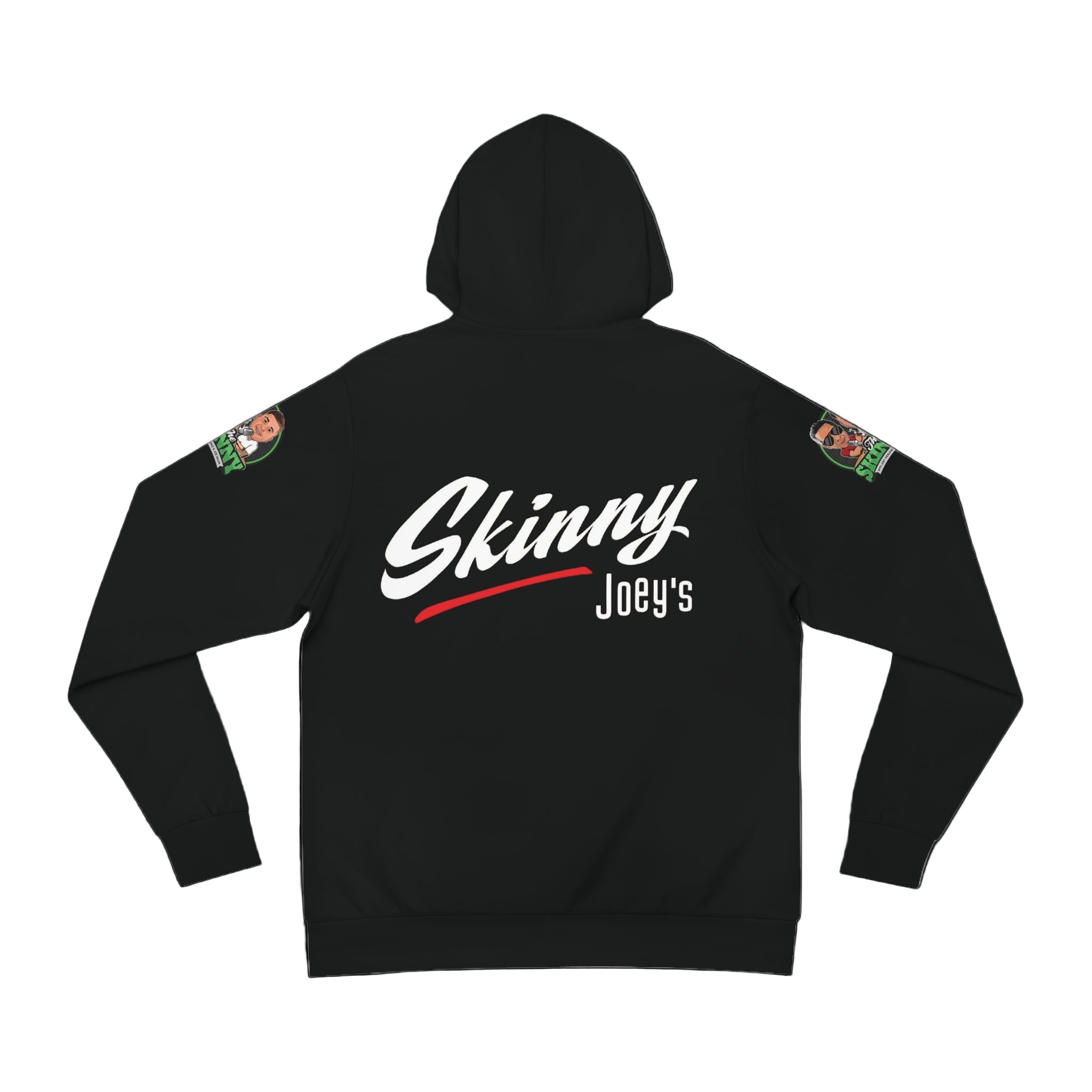 Black hoodie with 'Skinny Joey's' text on the back against a white background