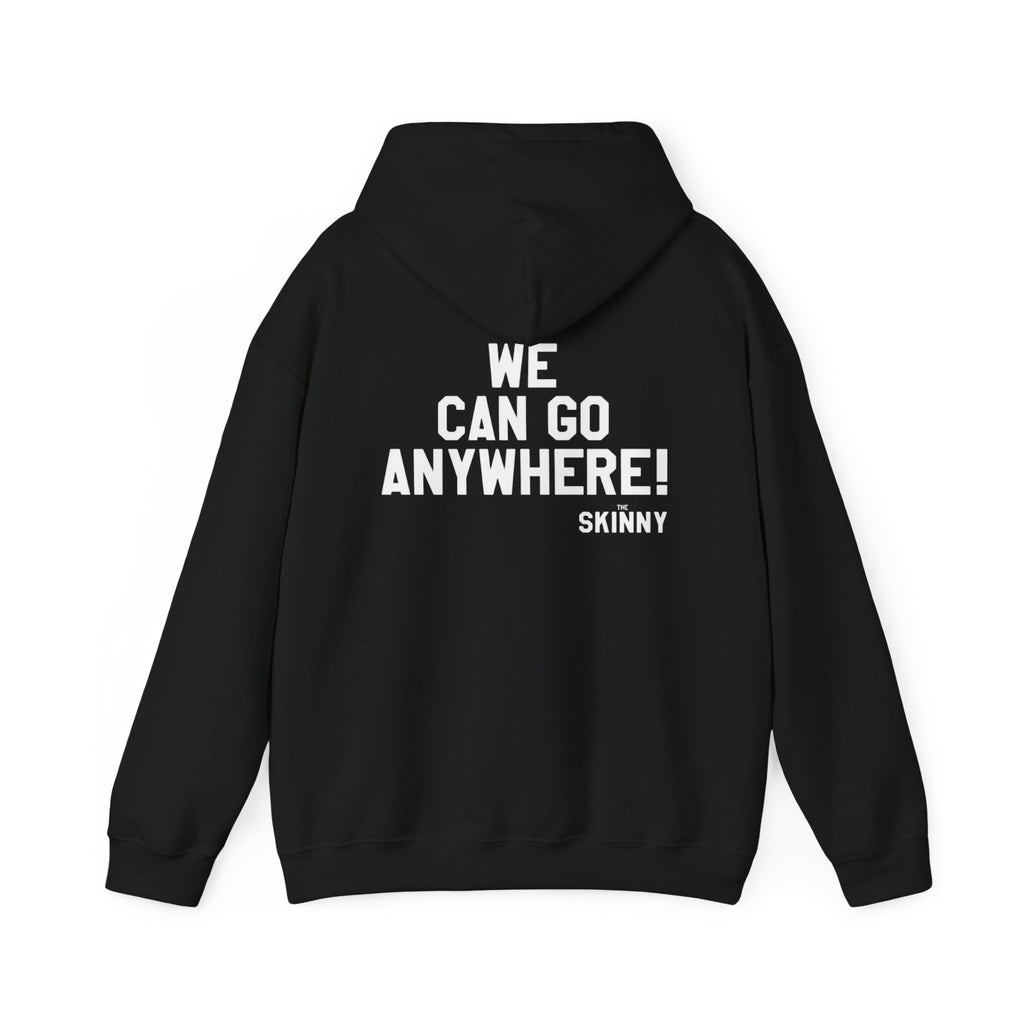 Black hoodie with white text and graphics on a white background