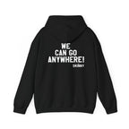 Black hoodie with white text and graphics on a white background