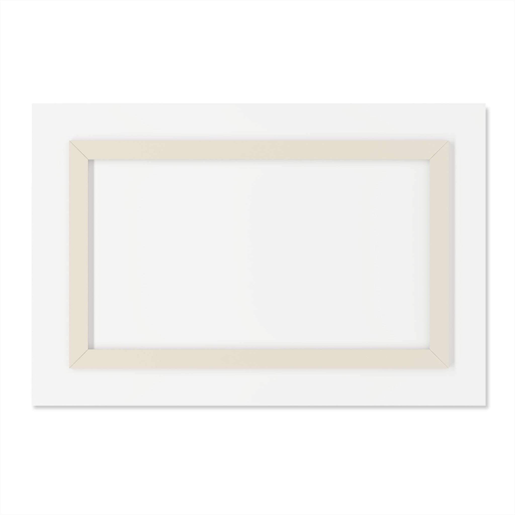 White picture frame with beige border on a white background