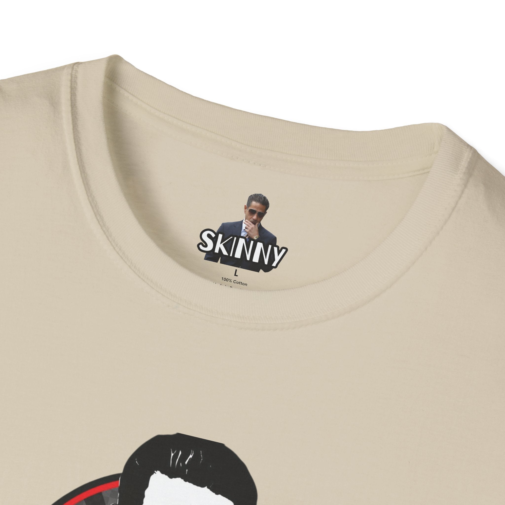 Beige t-shirt with a graphic design and 'SKINNY' label on a white background