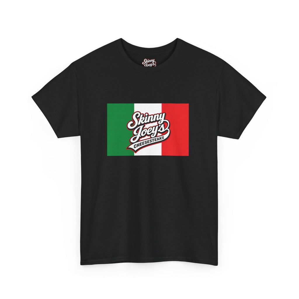 Black t-shirt with Italian flag design and 'Skinny Joey's Cheese Steaks' text on a white background