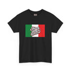 Black t-shirt with Italian flag design and 'Skinny Joey's Cheese Steaks' text on a white background