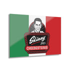 Flag with 'Skinny Joey's Cheesesteaks' logo and a person's face on a white background