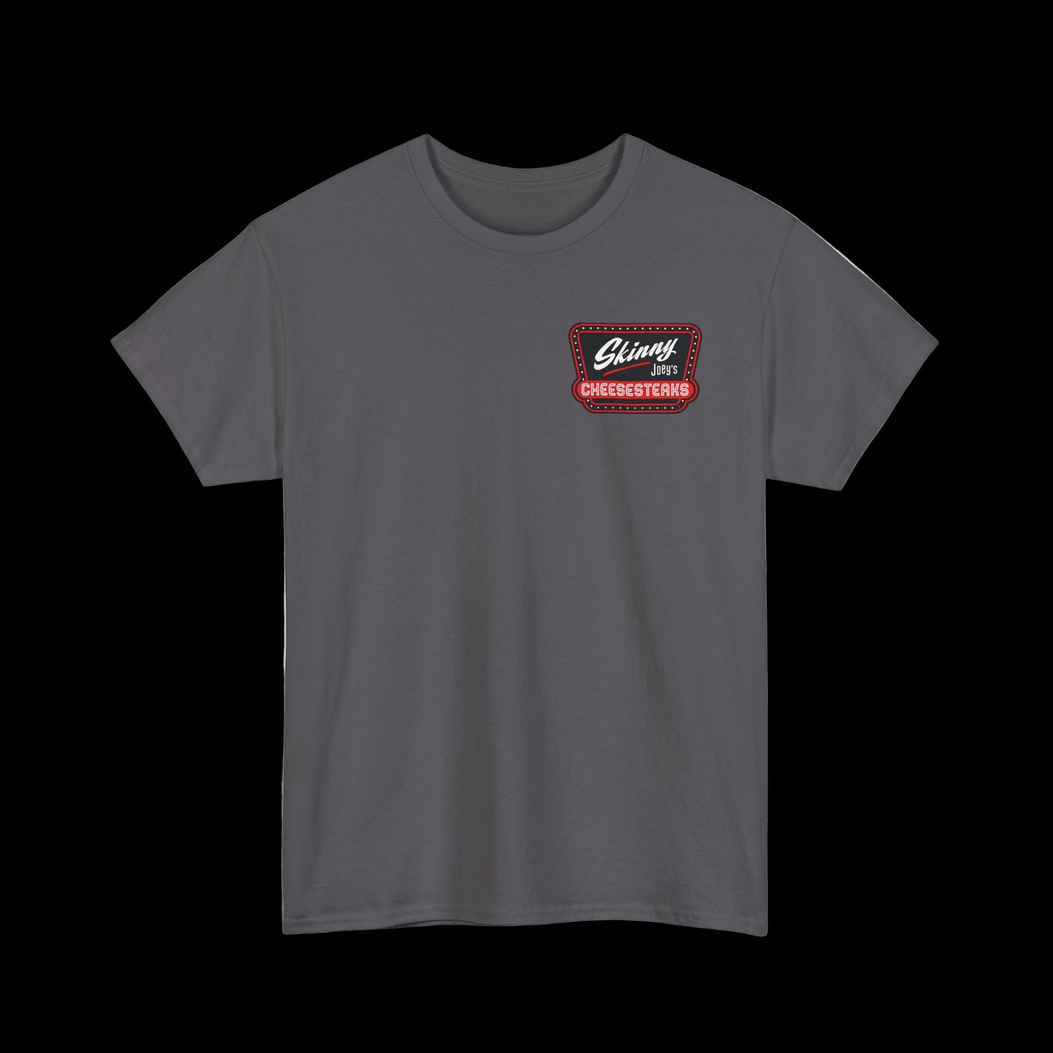 Gray t-shirt with a red and black logo on a white background