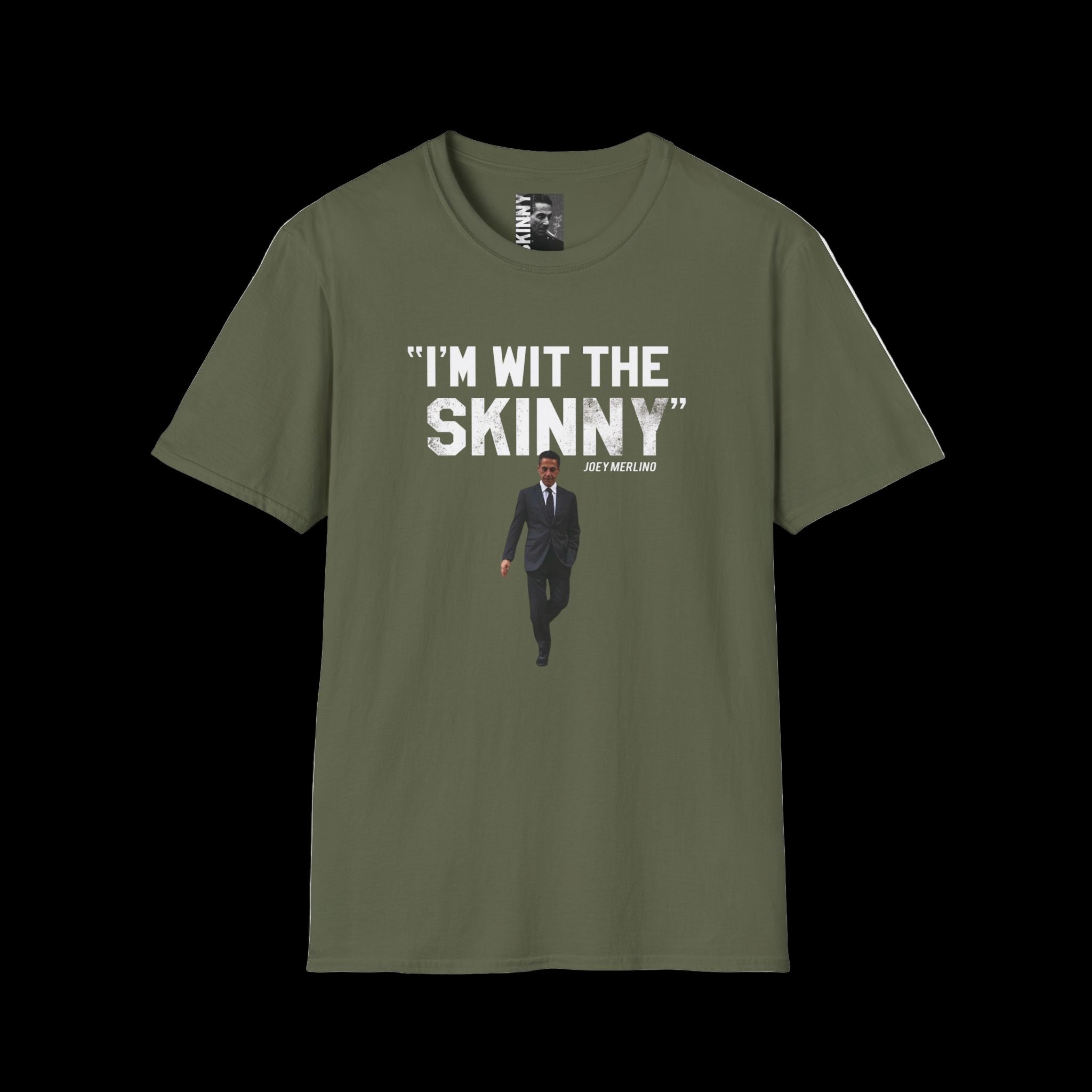 Green t-shirt with text and graphic on a white background