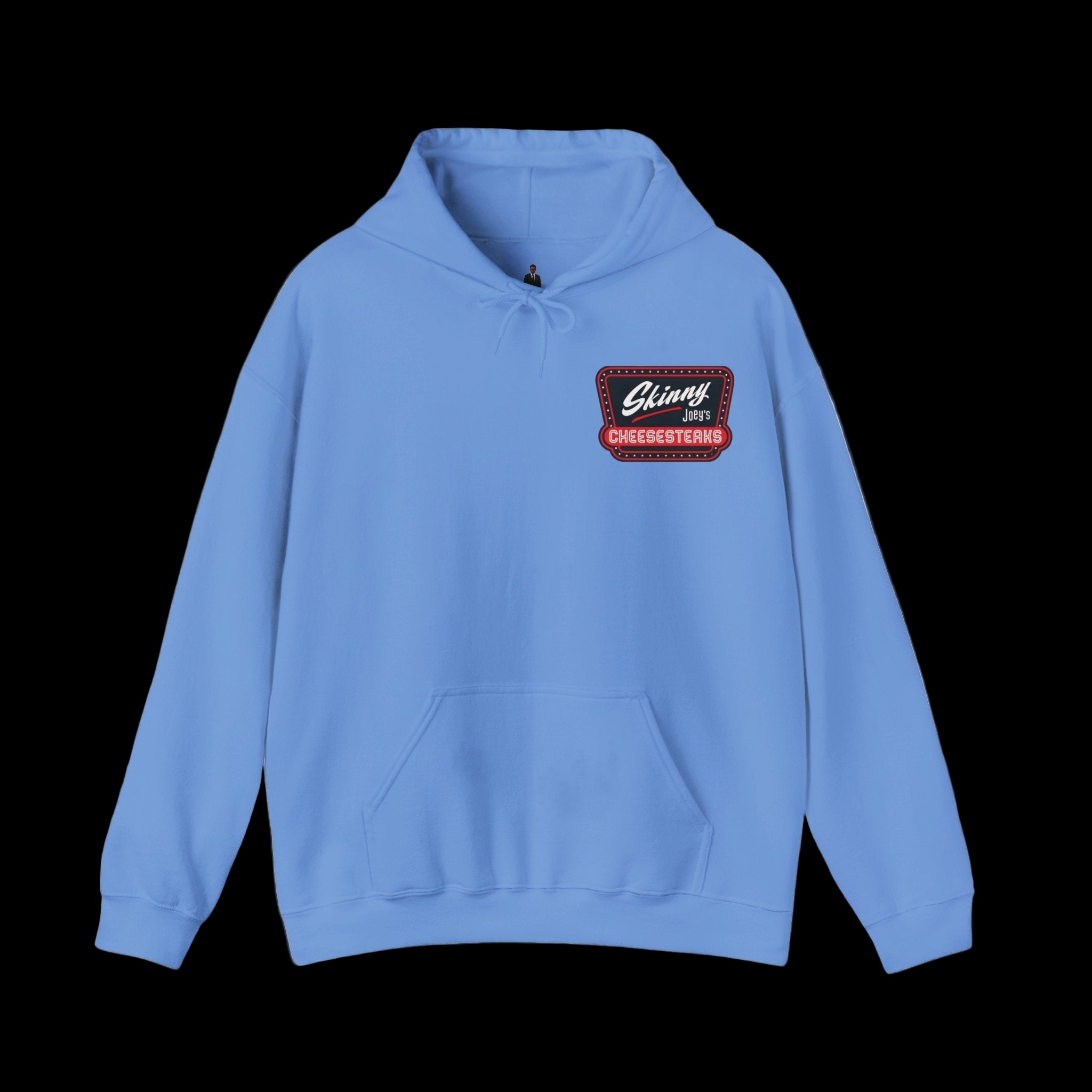 Light blue hoodie with a logo on the chest against a white background