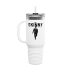White travel mug with 'The Skinny' text and a person in a suit on a white background