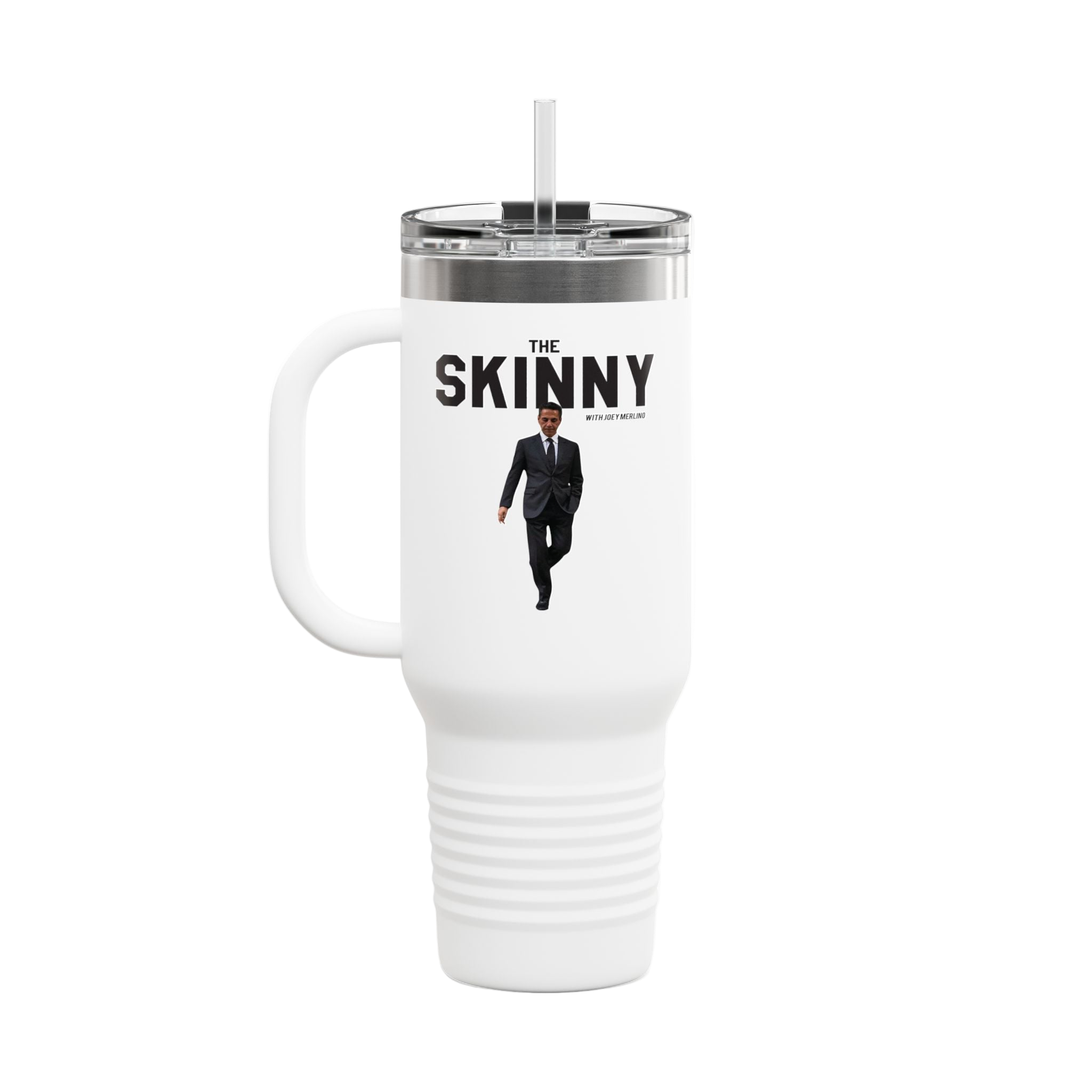 White travel mug with 'The Skinny' text and a person in a suit on a white background