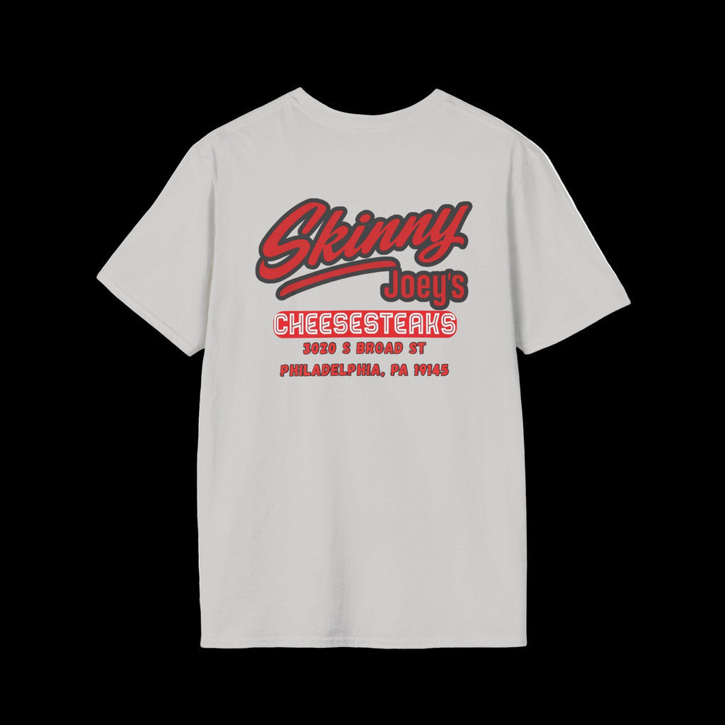 White t-shirt with red and black text on a white background