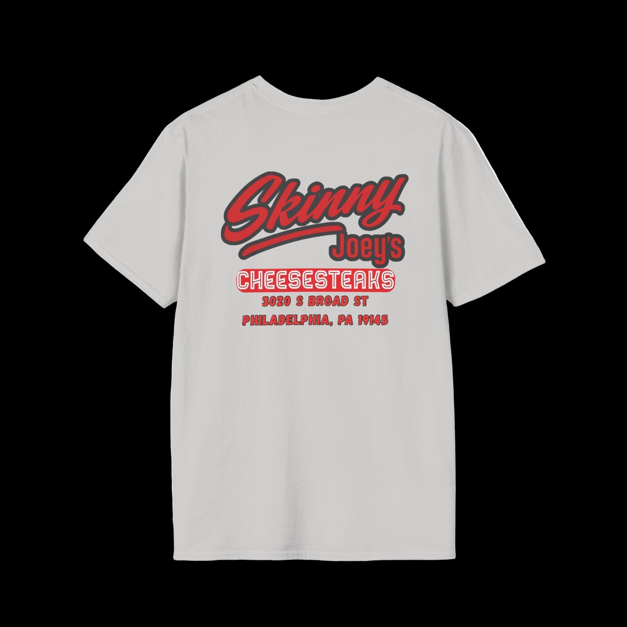 White t-shirt with red and black text on a white background